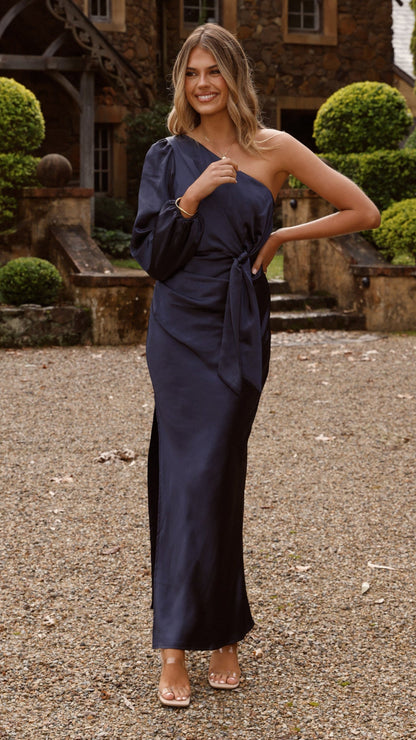 Eden One Shoulder Tie Front Maxi Dress - Navy