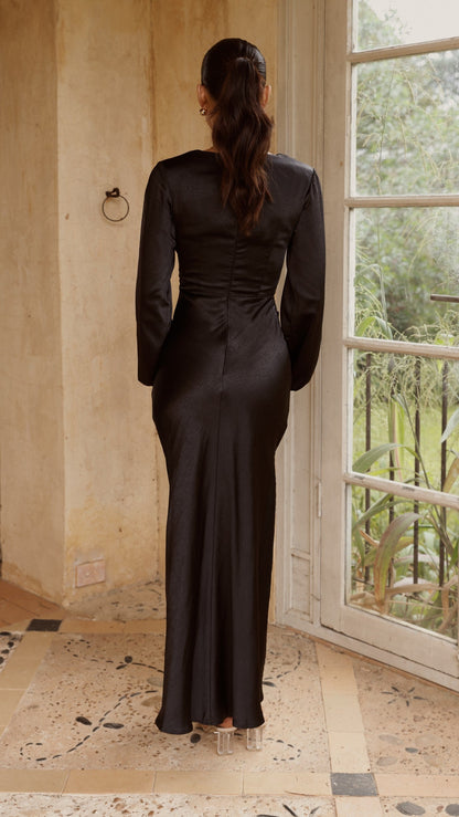 Ivy Long Sleeve Tie Front Maxi Dress - Black