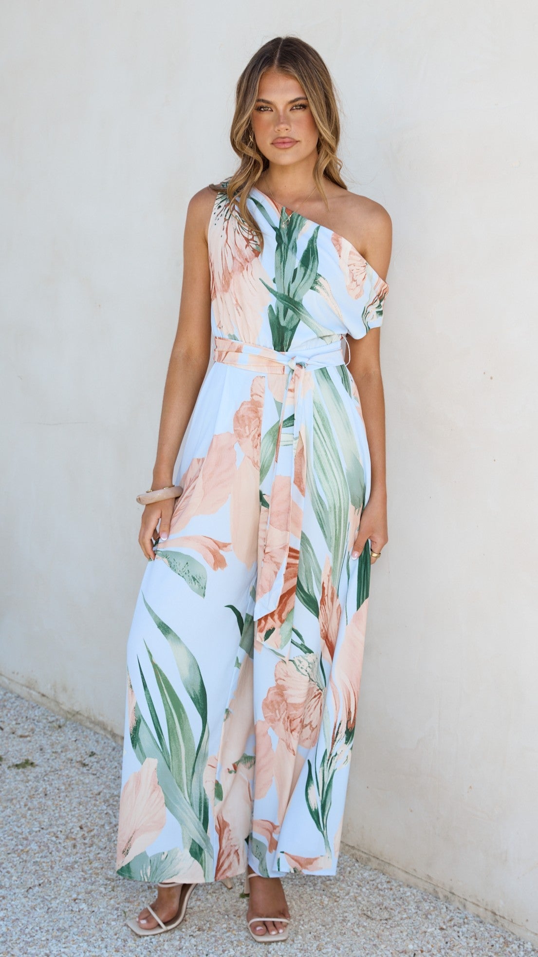 Oasis One Shoulder Jumpsuit - Blue/Peach Floral