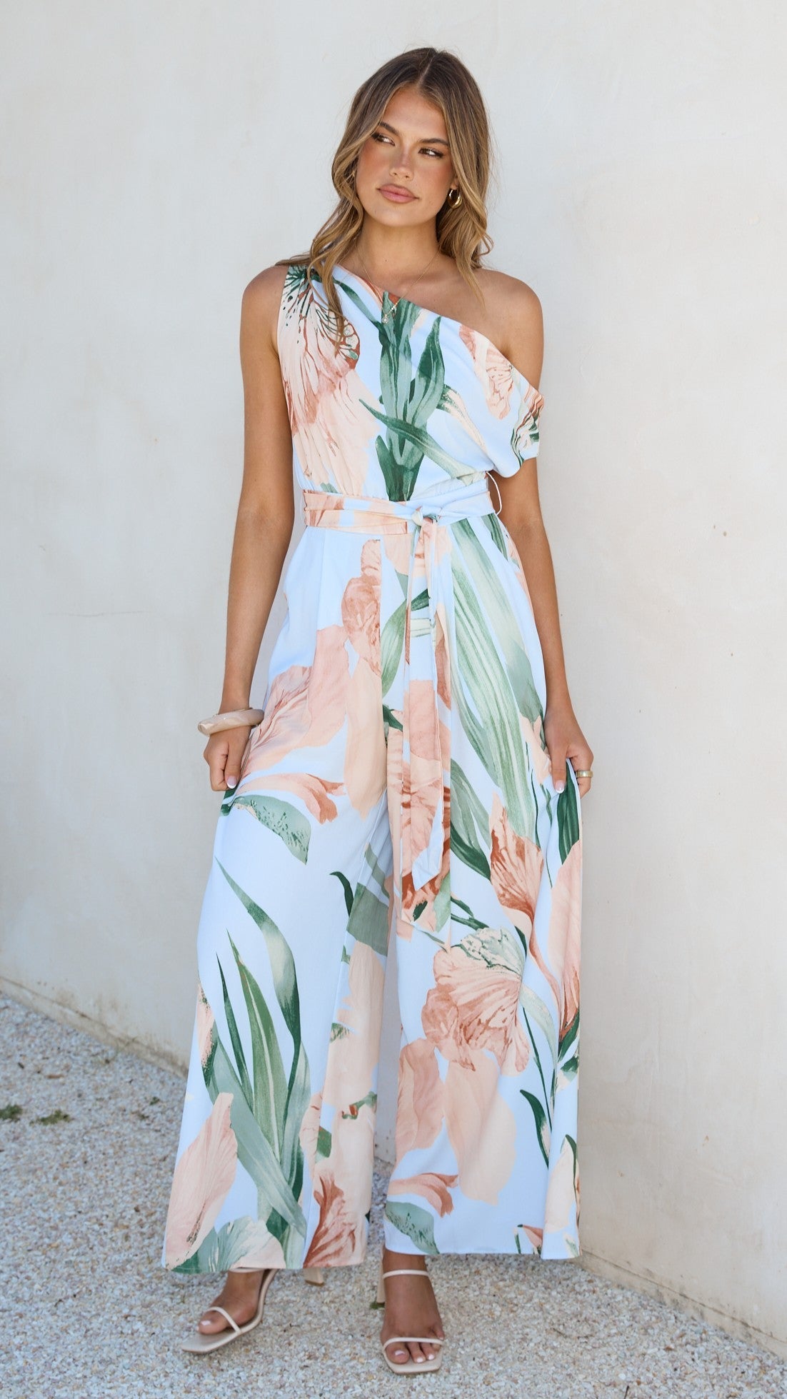 Oasis One Shoulder Jumpsuit - Blue/Peach Floral