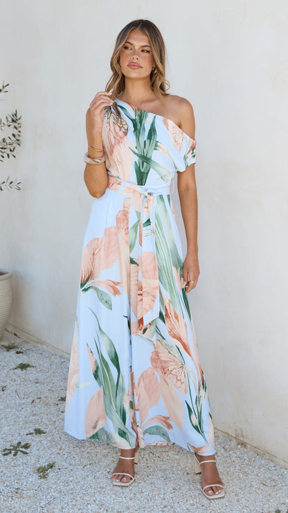 Oasis One Shoulder Jumpsuit - Blue/Peach Floral