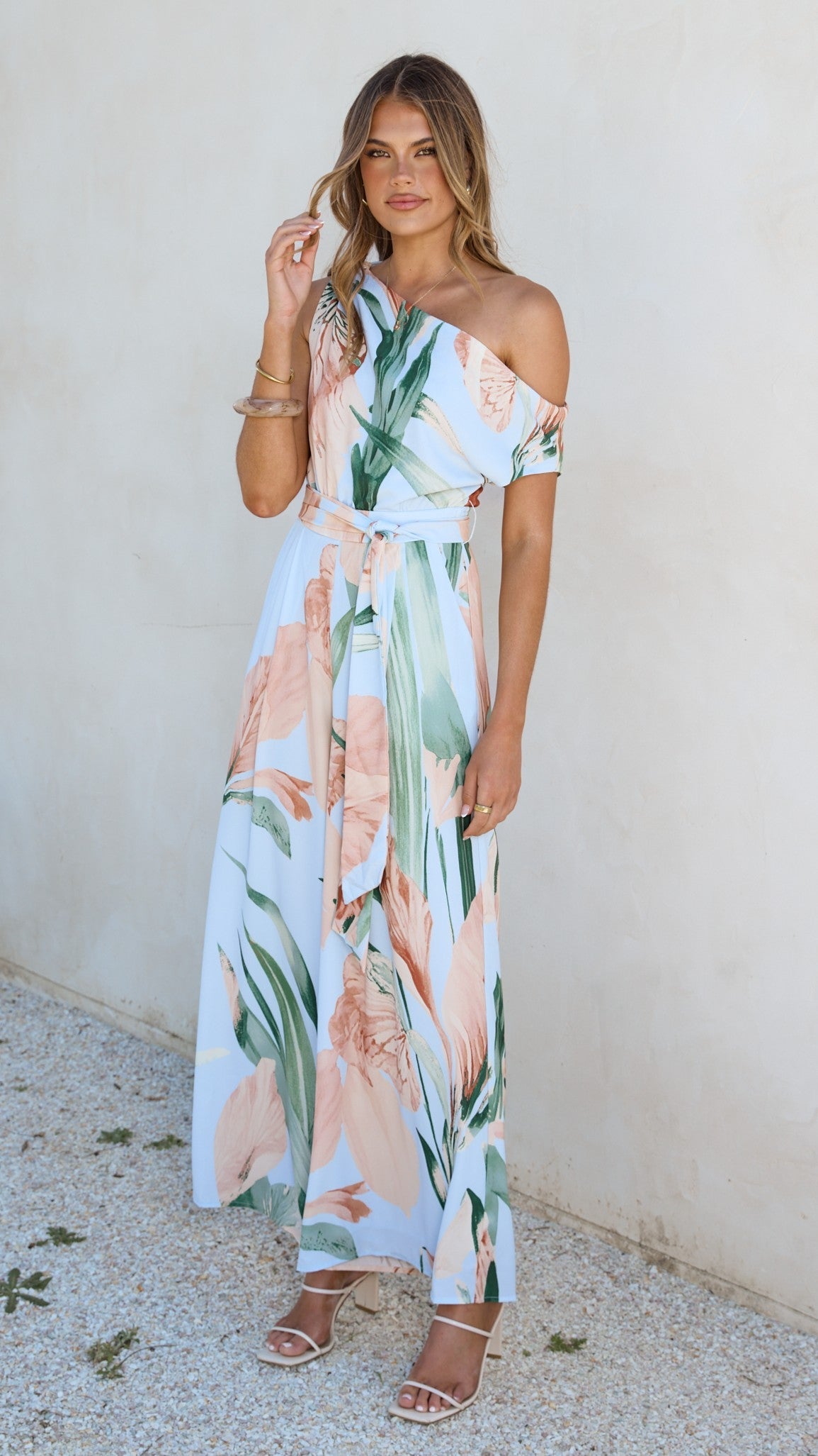 Oasis One Shoulder Jumpsuit - Blue/Peach Floral
