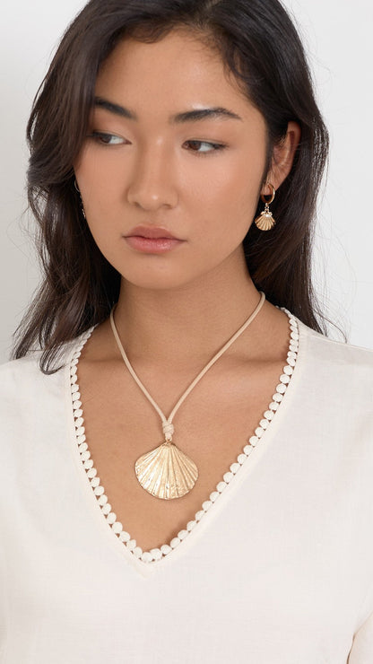 Shell Drop Adjustable Cord Necklace - Camel/Gold
