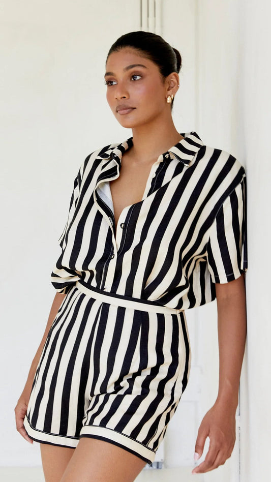 Piper Shorts - Black/Beige Stripe