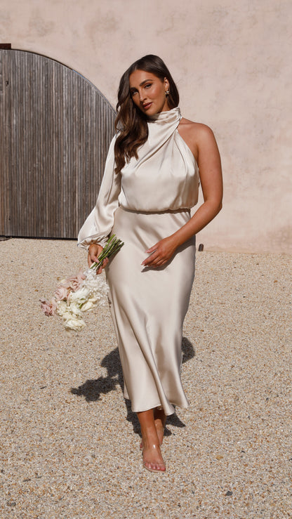 Esther One Shoulder Long Sleeve Dress - Champagne