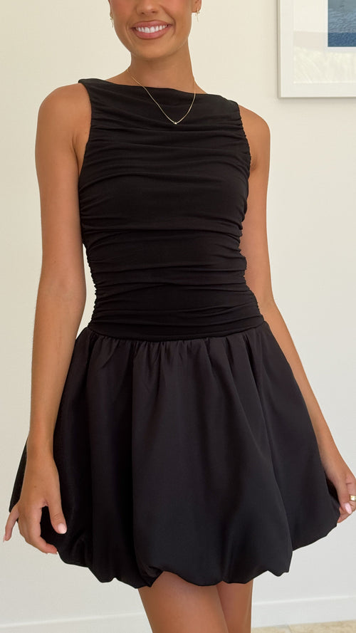 Meera Boat Neck Mini Dress - Black