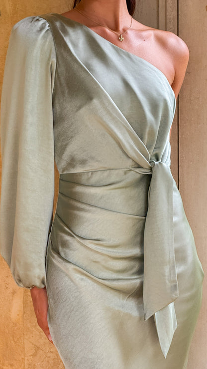 Eden One Shoulder Tie Front Maxi Dress - Sage