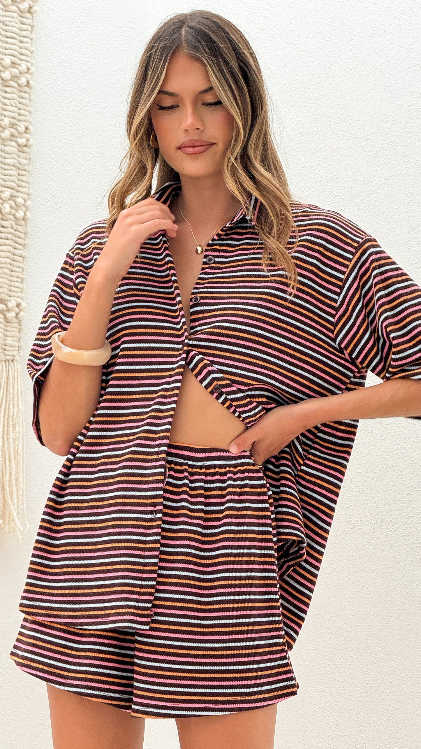 Tali Button Up Shirt and Shorts Set - Brown/Blue Stripe