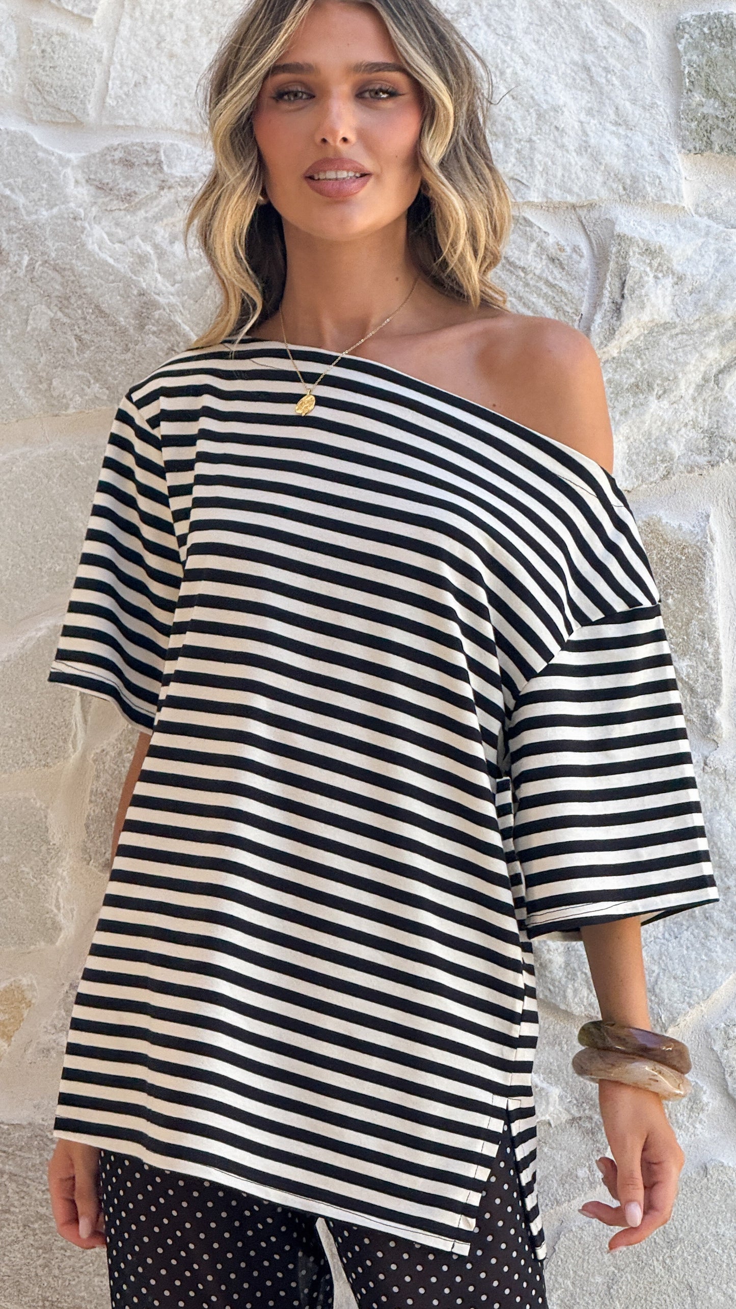 Pia One Shoulder Oversize Tee - Black/White Stripe
