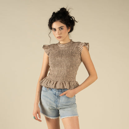 The Hattie Smock Top - Picnic Check - Brown/Cream