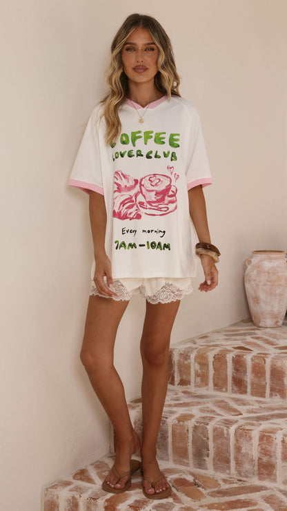 Coffee Lover Club Tee - White/Pink